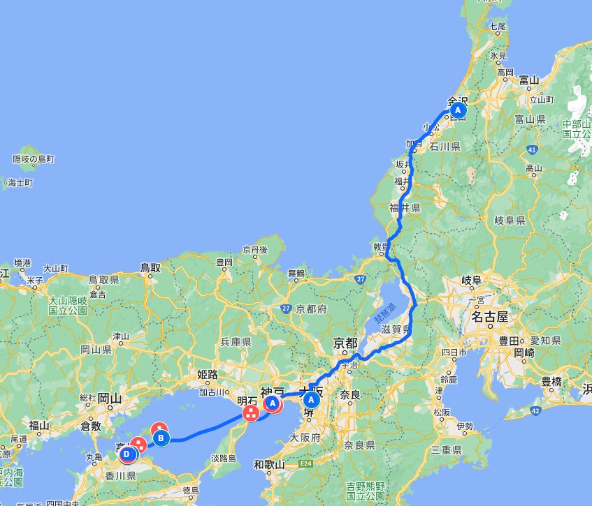 2014年夏　四国沖縄の旅　１日目　石川～兵庫～香川